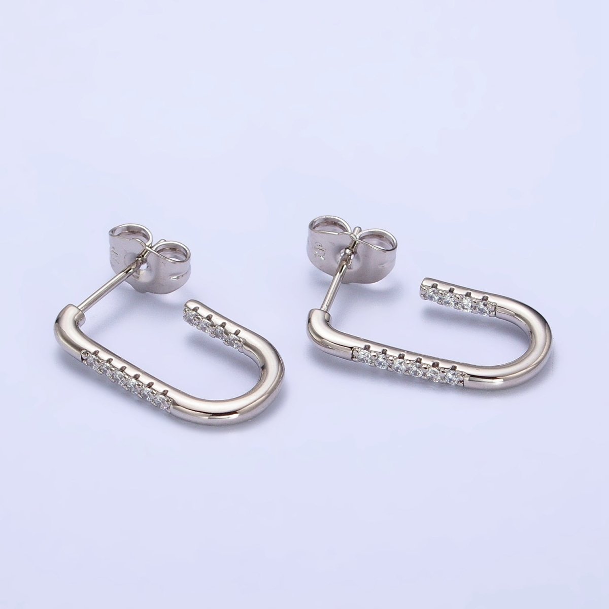 Gold, Silver Clear Micro Paved CZ Front J-Shaped Geometric Hoop Earrings | Y-053 AB-430 - DLUXCA