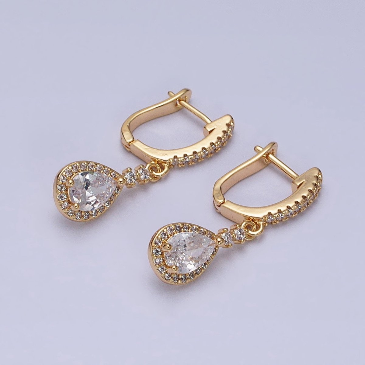 Gold, Silver Clear, Purple Teardrop CZ Micro Paved English Lock Drop Earrings | AD917 - AD920 no - DLUXCA