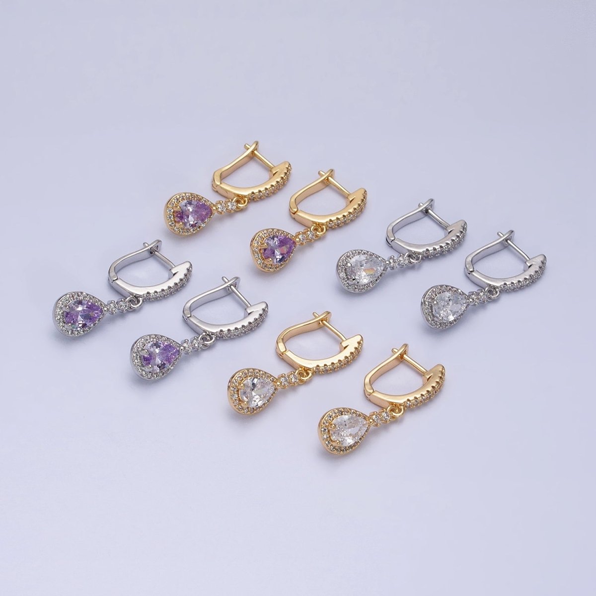 Gold, Silver Clear, Purple Teardrop CZ Micro Paved English Lock Drop Earrings | AD917 - AD920 no - DLUXCA