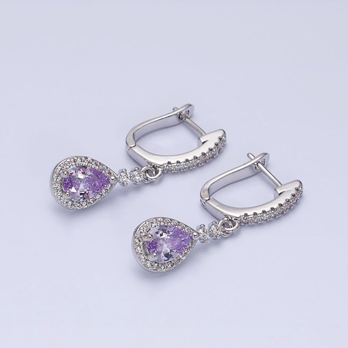 Gold, Silver Clear, Purple Teardrop CZ Micro Paved English Lock Drop Earrings | AD917 - AD920 no - DLUXCA