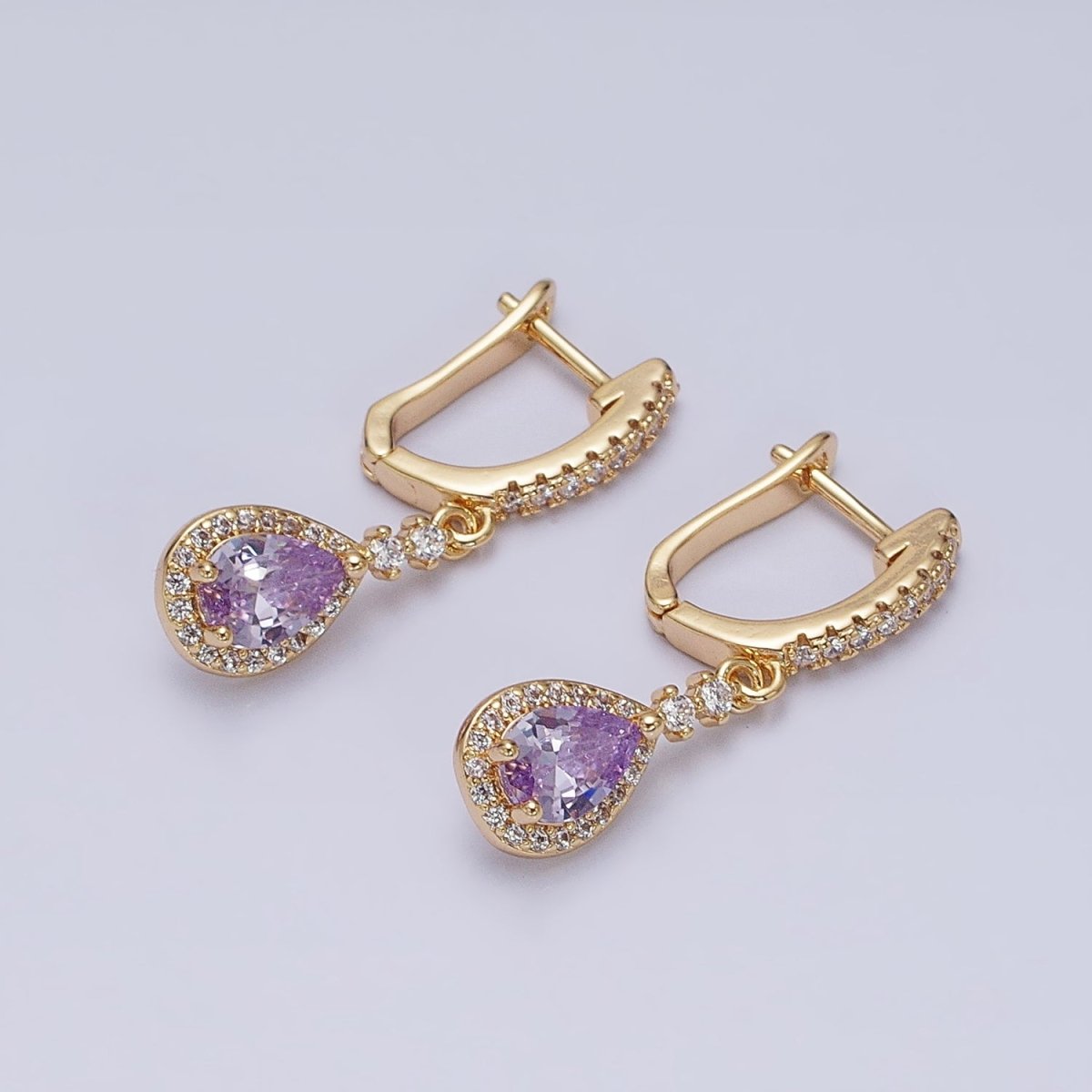 Gold, Silver Clear, Purple Teardrop CZ Micro Paved English Lock Drop Earrings | AD917 - AD920 no - DLUXCA