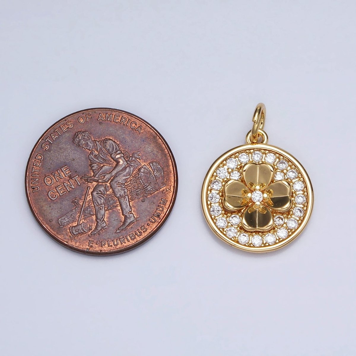 Gold, Silver Clover Quatrefoil Micro Paved CZ Round Coin Charm | AC607 AC608 - DLUXCA