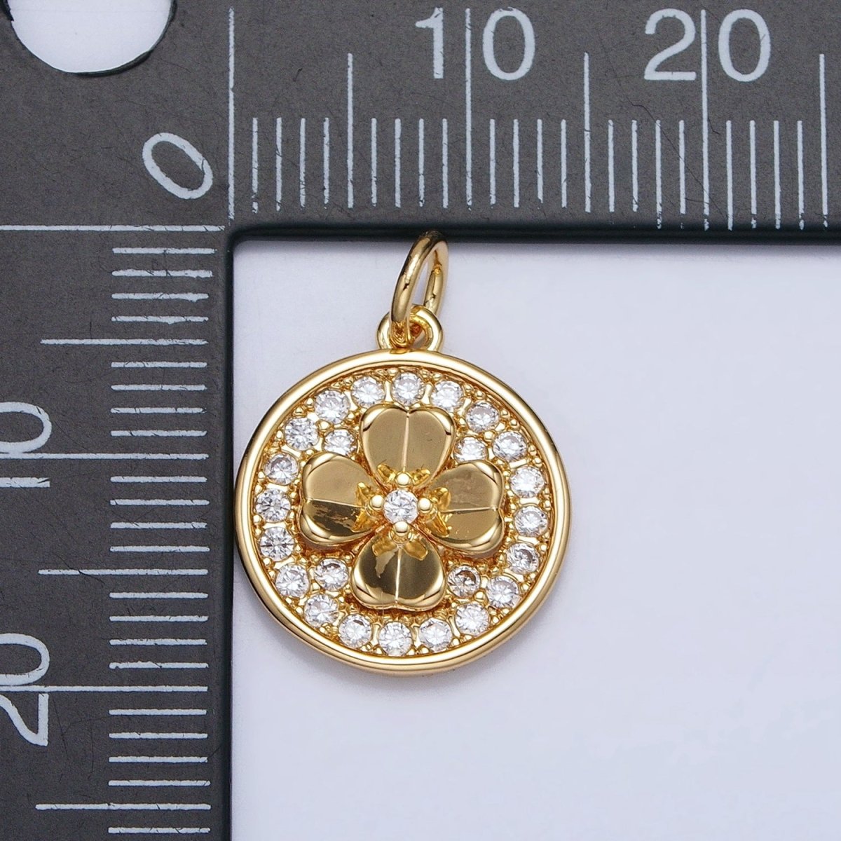 Gold, Silver Clover Quatrefoil Micro Paved CZ Round Coin Charm | AC607 AC608 - DLUXCA