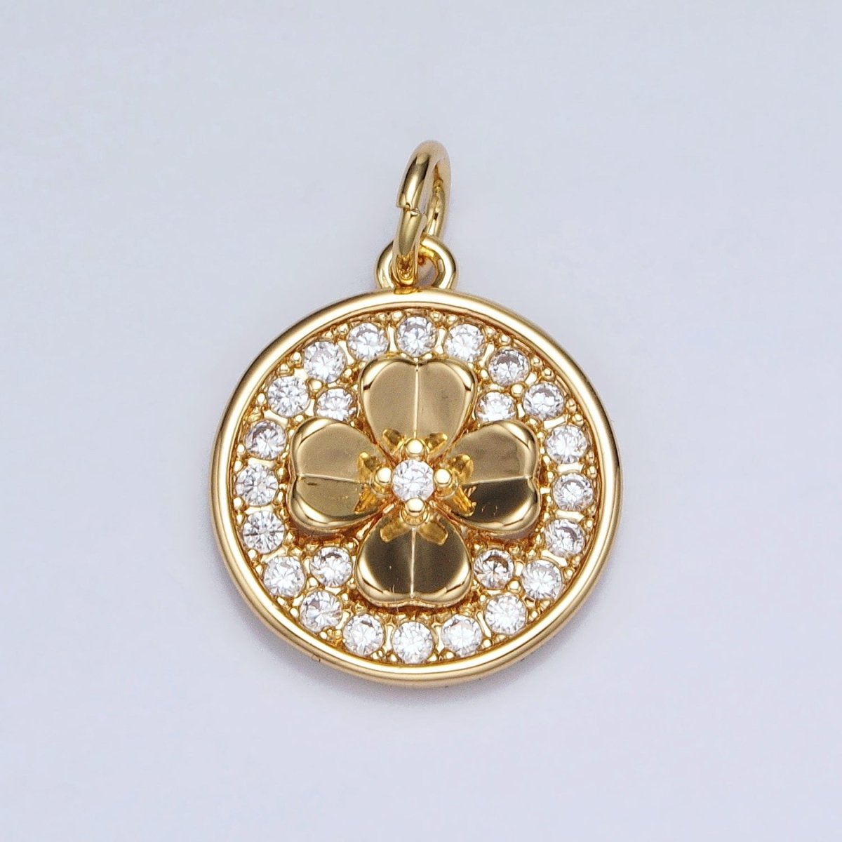 Gold, Silver Clover Quatrefoil Micro Paved CZ Round Coin Charm | AC607 AC608 - DLUXCA