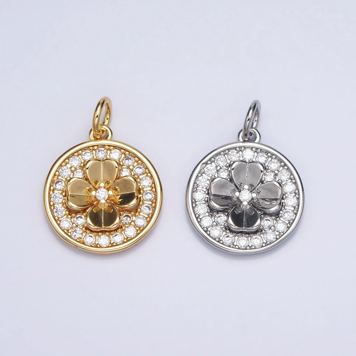 Gold, Silver Clover Quatrefoil Micro Paved CZ Round Coin Charm | AC607 AC608 - DLUXCA