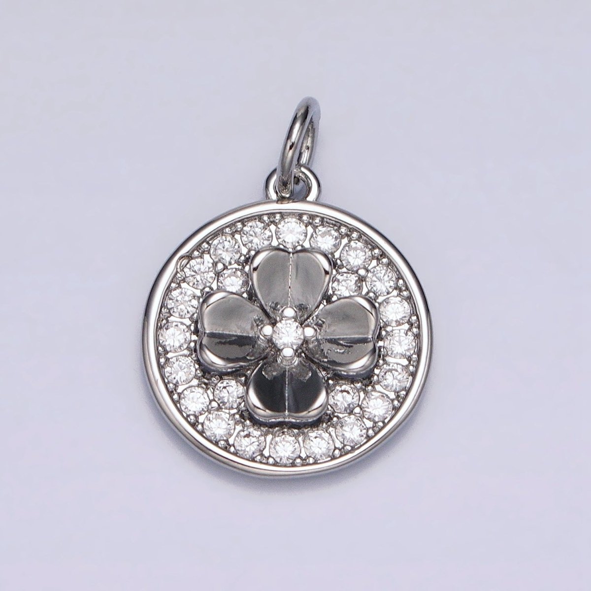 Gold, Silver Clover Quatrefoil Micro Paved CZ Round Coin Charm | AC607 AC608 - DLUXCA