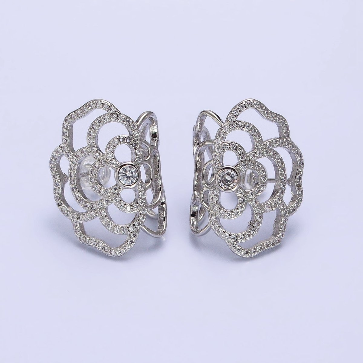 Gold, Silver Curved Rose Flower Nature Micro Paved CZ Stud Earrings | AB594 AB595 - DLUXCA