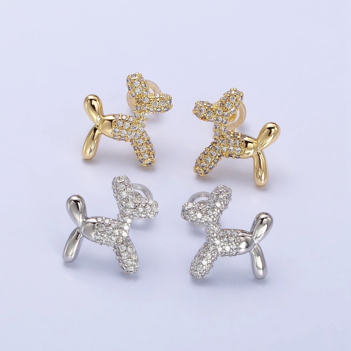 Gold, Silver Dog Balloon Bubble Animal Micro Paved CZ Stud Earrings | AB560 AB561 - DLUXCA