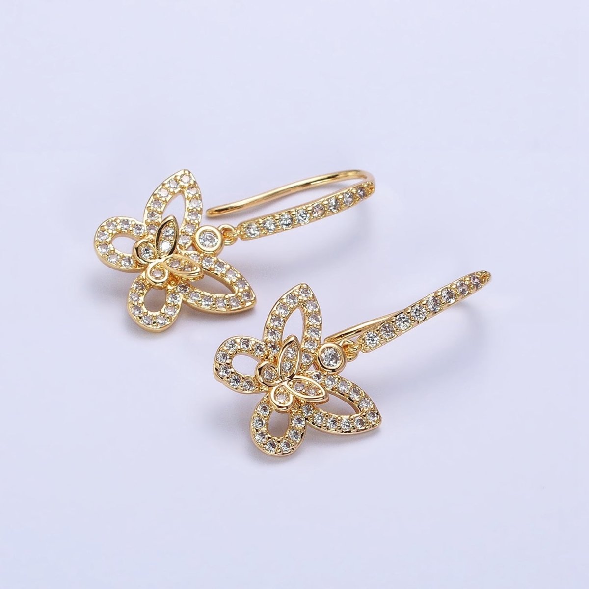 Gold, Silver Double Butterfly Mariposa Clear Micro Paved CZ French Hook Earrings | AB576 AB577 - DLUXCA