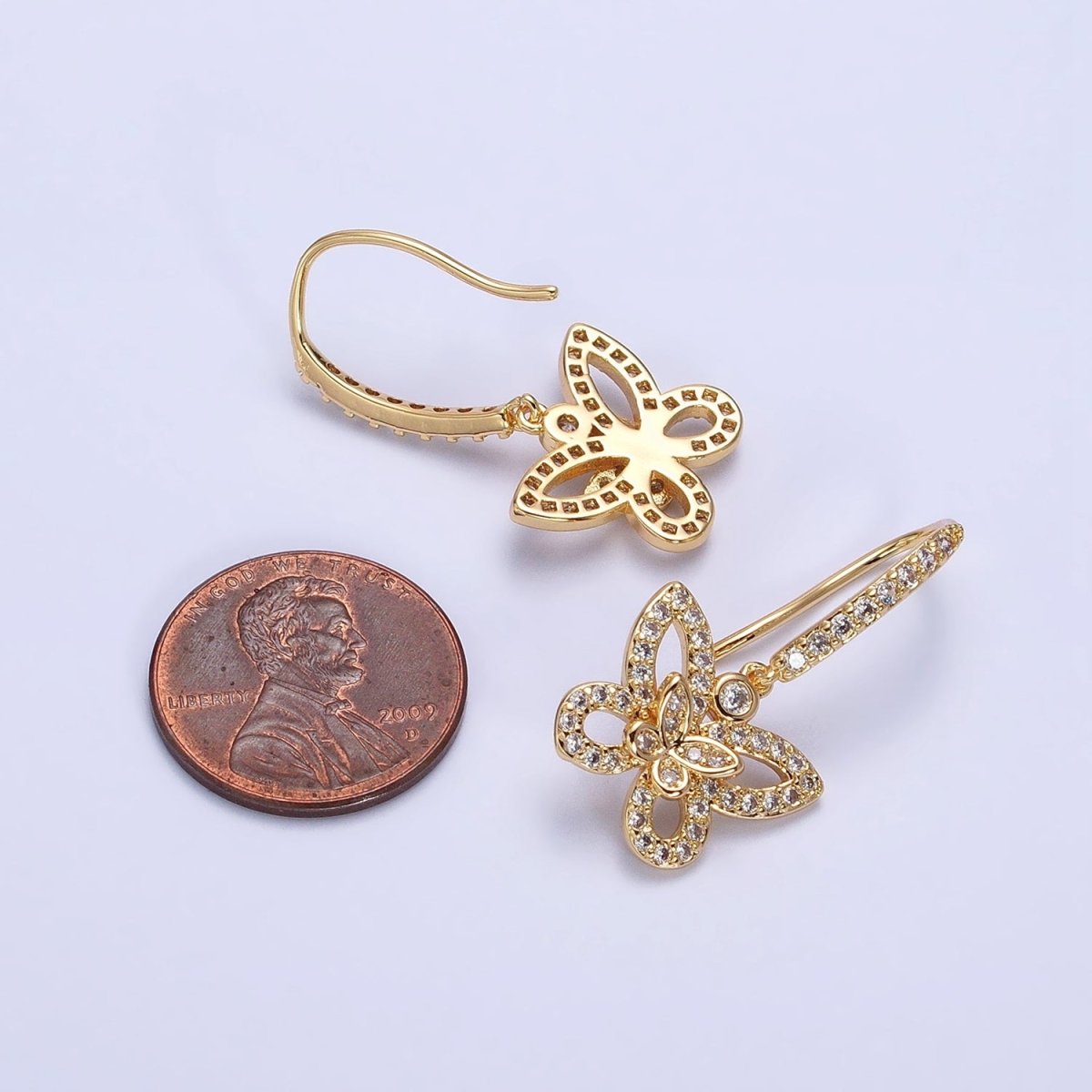 Gold, Silver Double Butterfly Mariposa Clear Micro Paved CZ French Hook Earrings | AB576 AB577 - DLUXCA