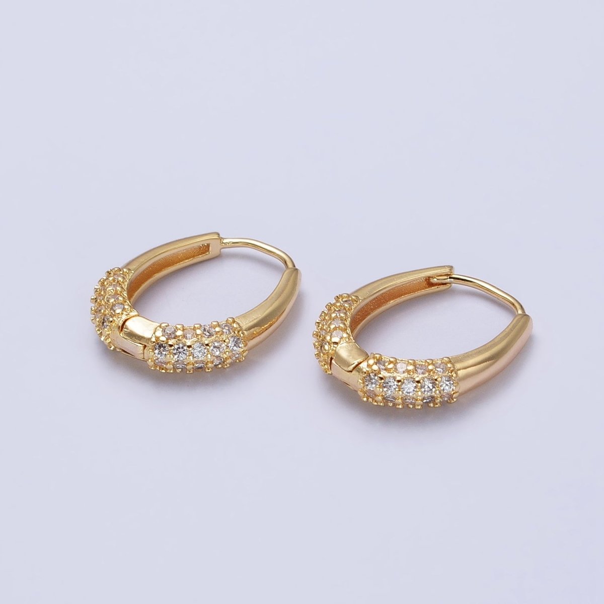 Gold, Silver Double Clear Micro Paved CZ Oblong U-Shaped Hoop Earrings | AB452 AB463 - DLUXCA