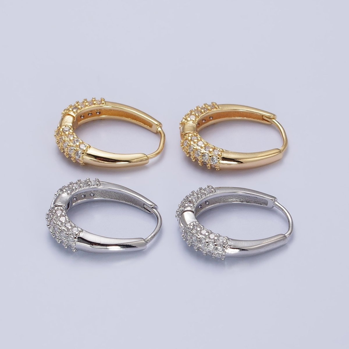 Gold, Silver Double Clear Micro Paved CZ Oblong U-Shaped Hoop Earrings | AB452 AB463 - DLUXCA