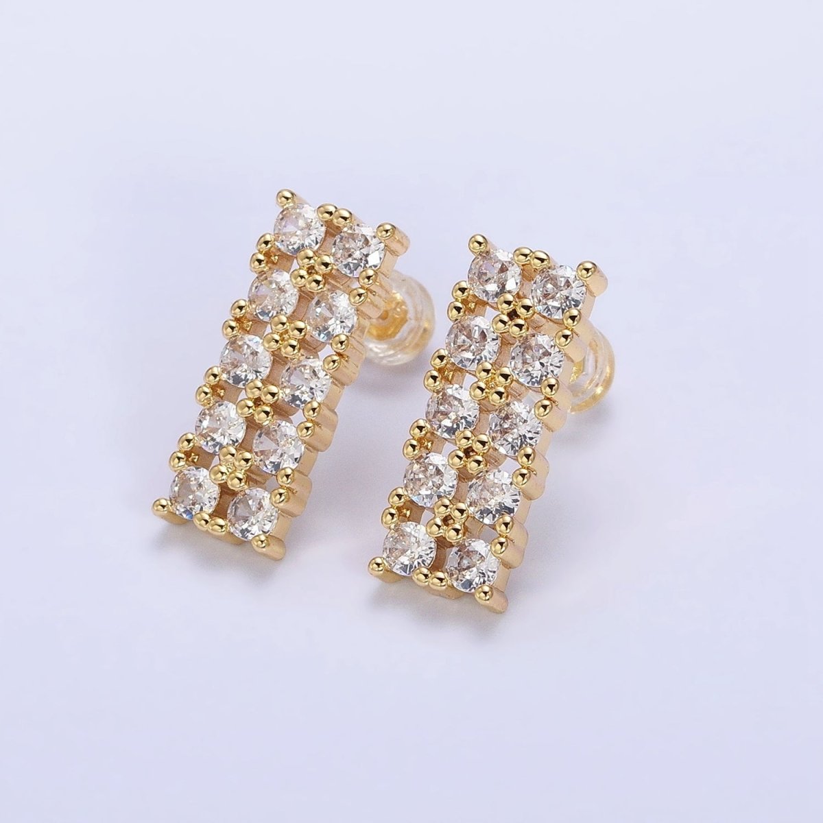 Gold, Silver Double CZ Lined Rectangular Bar Stud Earrings | AB581 AB582 - DLUXCA