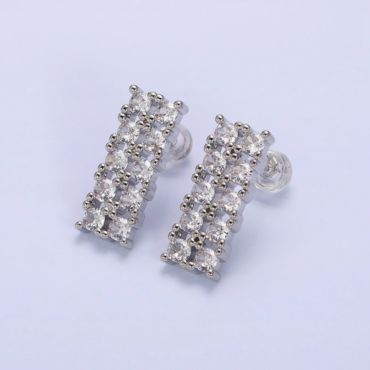 Gold, Silver Double CZ Lined Rectangular Bar Stud Earrings | AB581 AB582 - DLUXCA