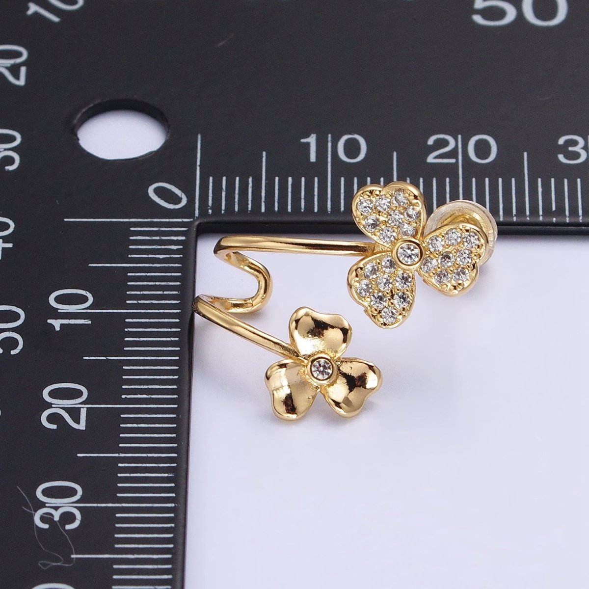 Gold, Silver Double Flower Micro Paved CZ Ear Cuff Stud Earrings | AB574 AB575 - DLUXCA