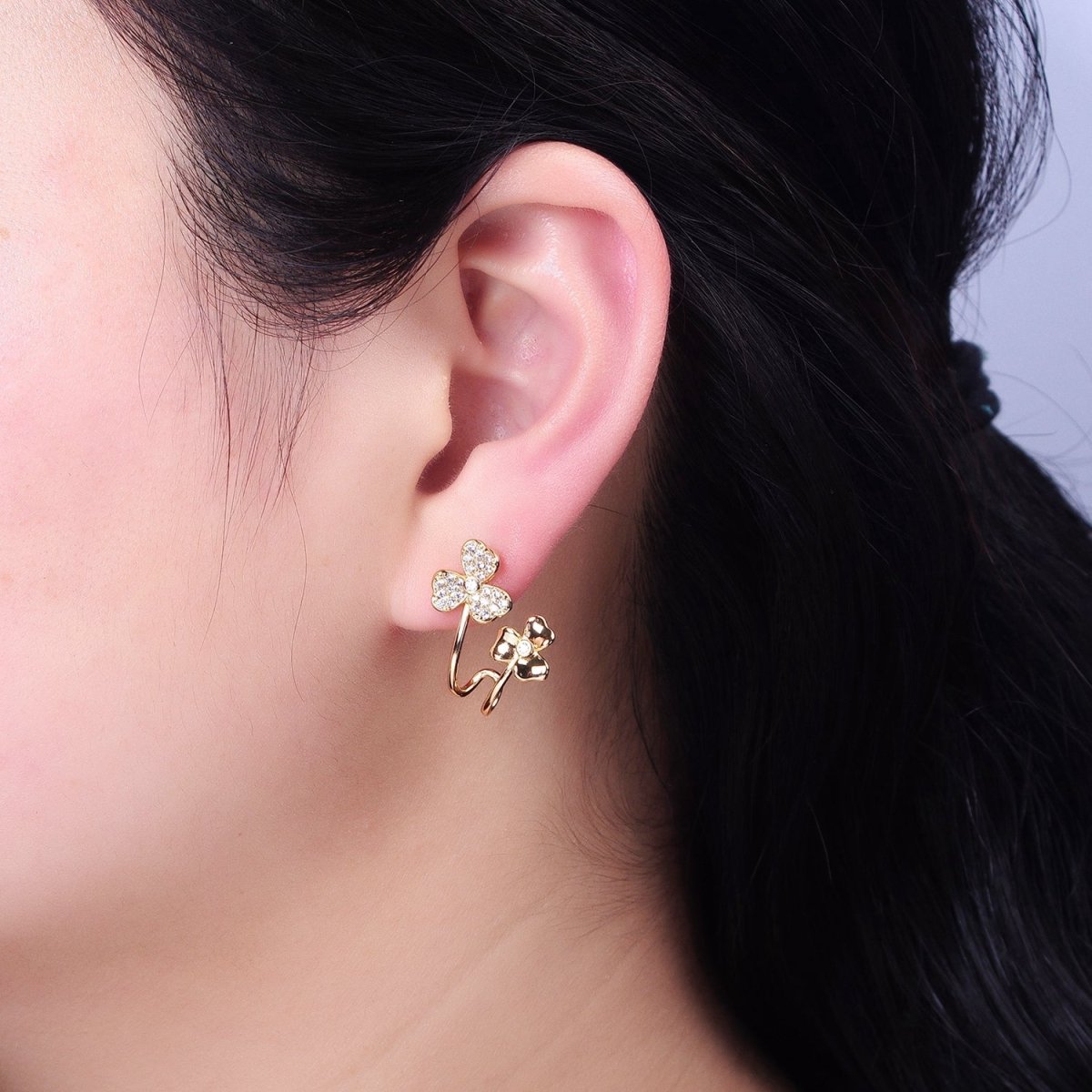 Gold, Silver Double Flower Micro Paved CZ Ear Cuff Stud Earrings | AB574 AB575 - DLUXCA