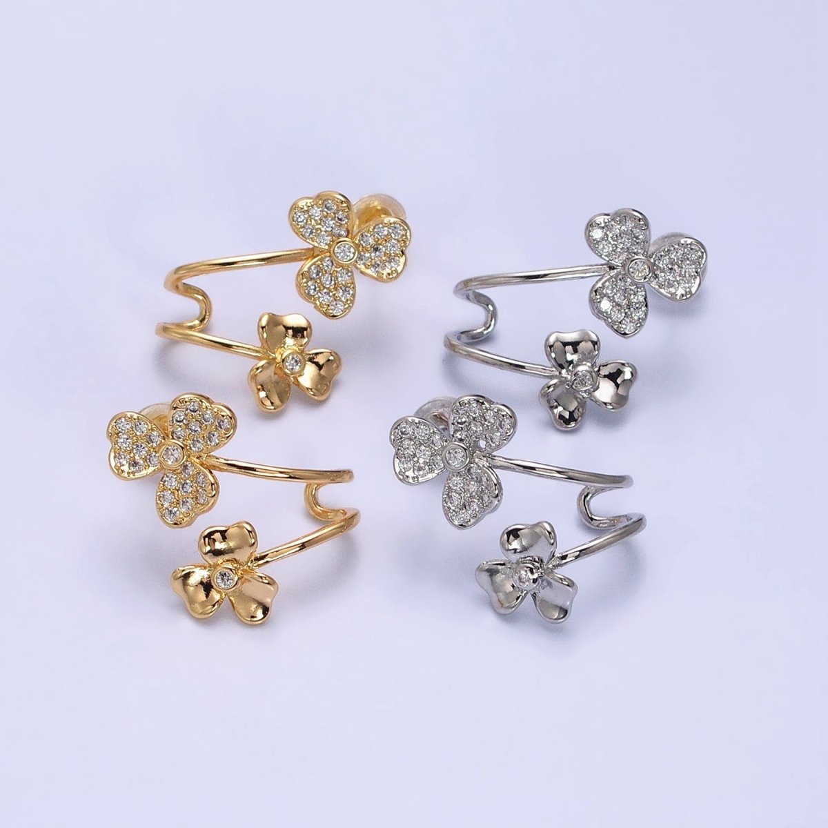 Gold, Silver Double Flower Micro Paved CZ Ear Cuff Stud Earrings | AB574 AB575 - DLUXCA