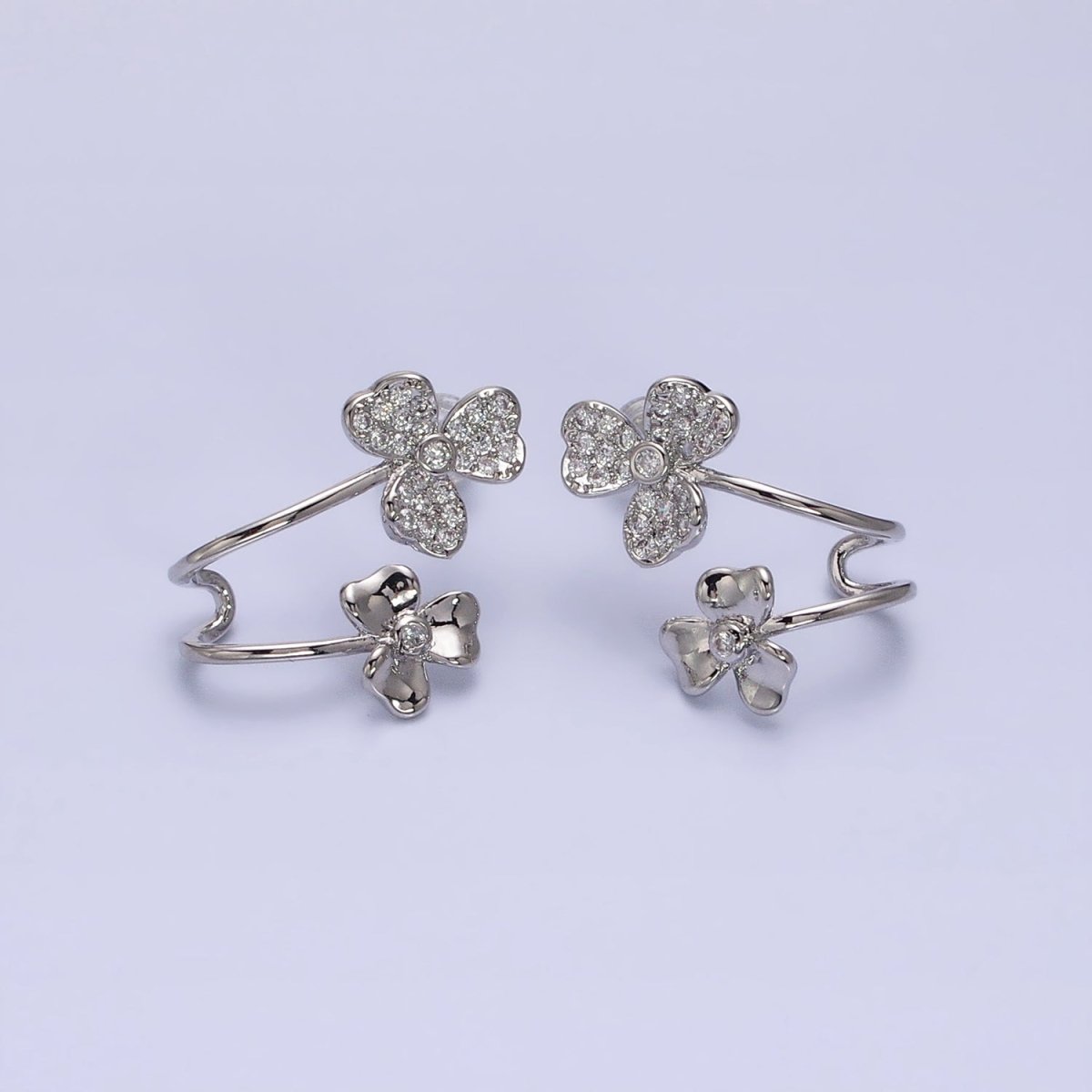 Gold, Silver Double Flower Micro Paved CZ Ear Cuff Stud Earrings | AB574 AB575 - DLUXCA