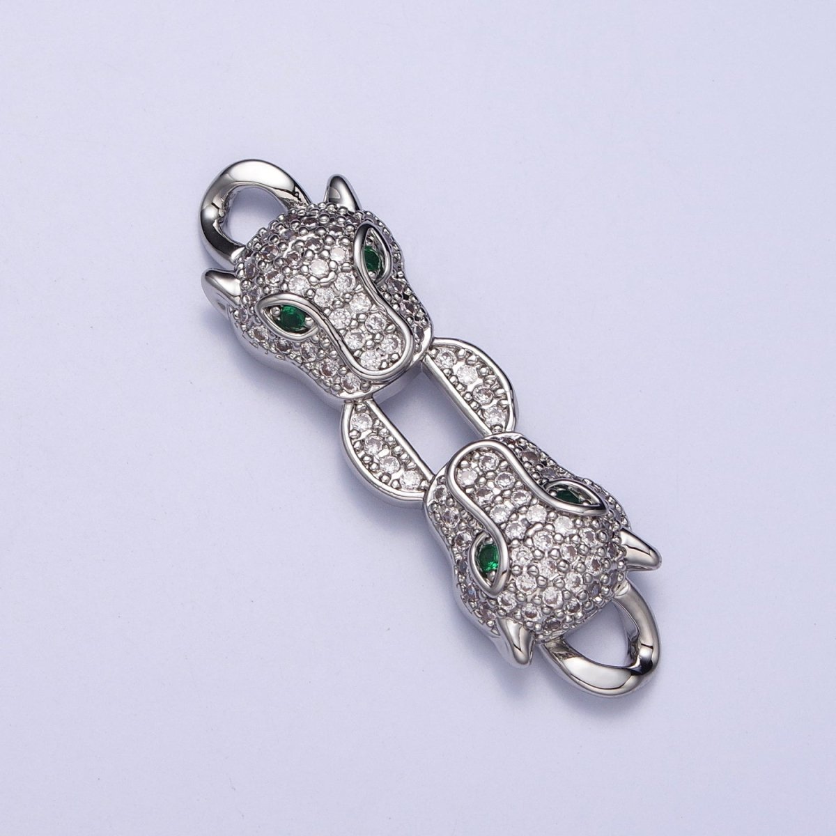 Gold, Silver Double Green-Eyed Panther Leopard Head Micro Paved CZ Curb Link Connector | AA1010 AA1013 - DLUXCA