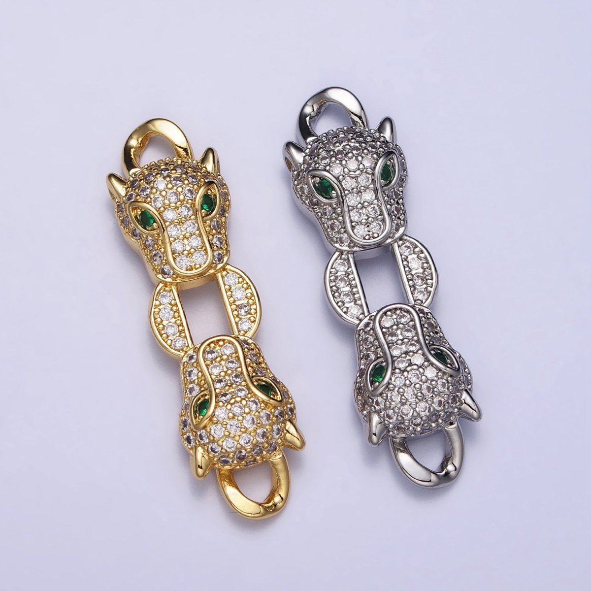 Gold, Silver Double Green-Eyed Panther Leopard Head Micro Paved CZ Curb Link Connector | AA1010 AA1013 - DLUXCA