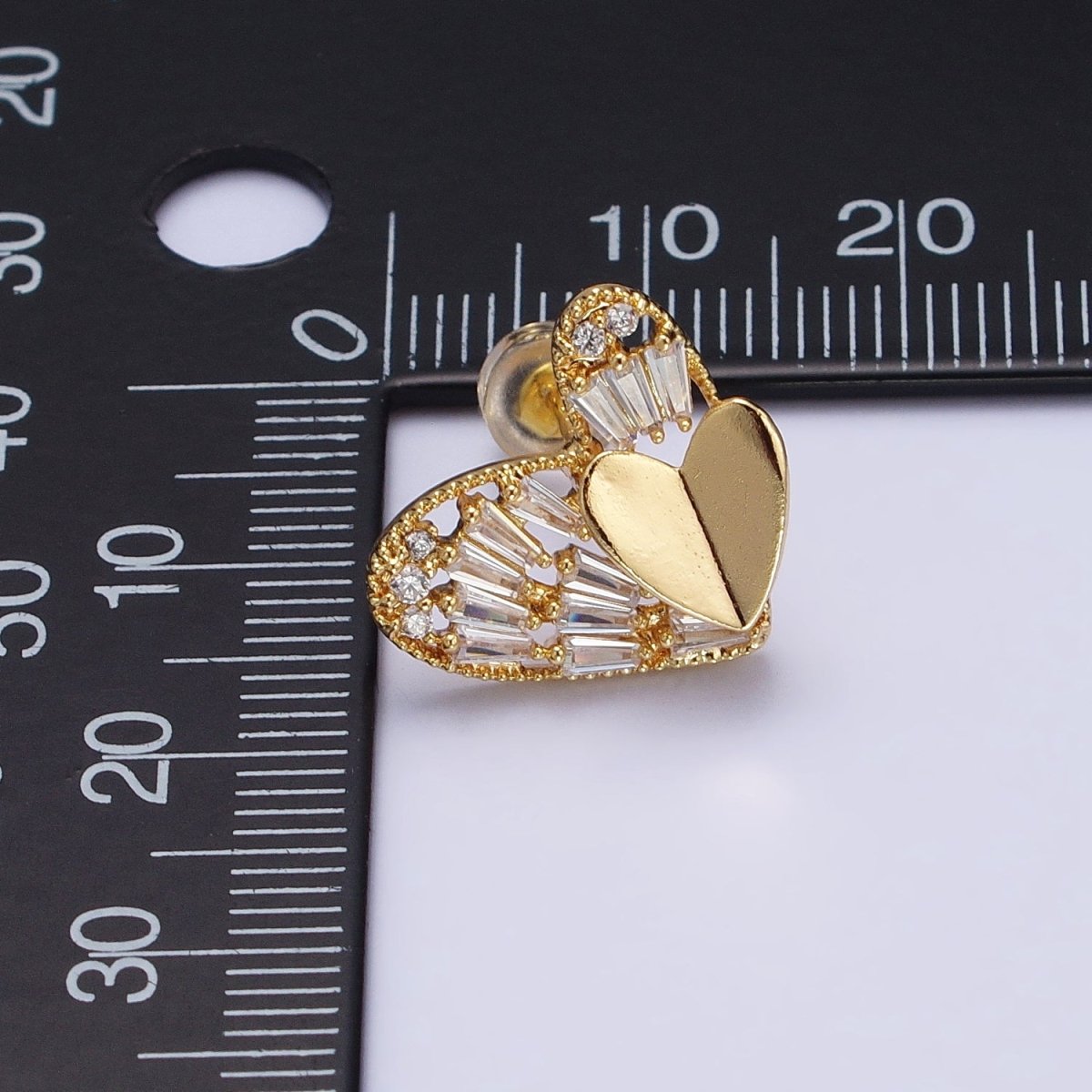 Gold, Silver Double Heart Clear Baguette CZ Stud Earrings | AB481 AB490 - DLUXCA