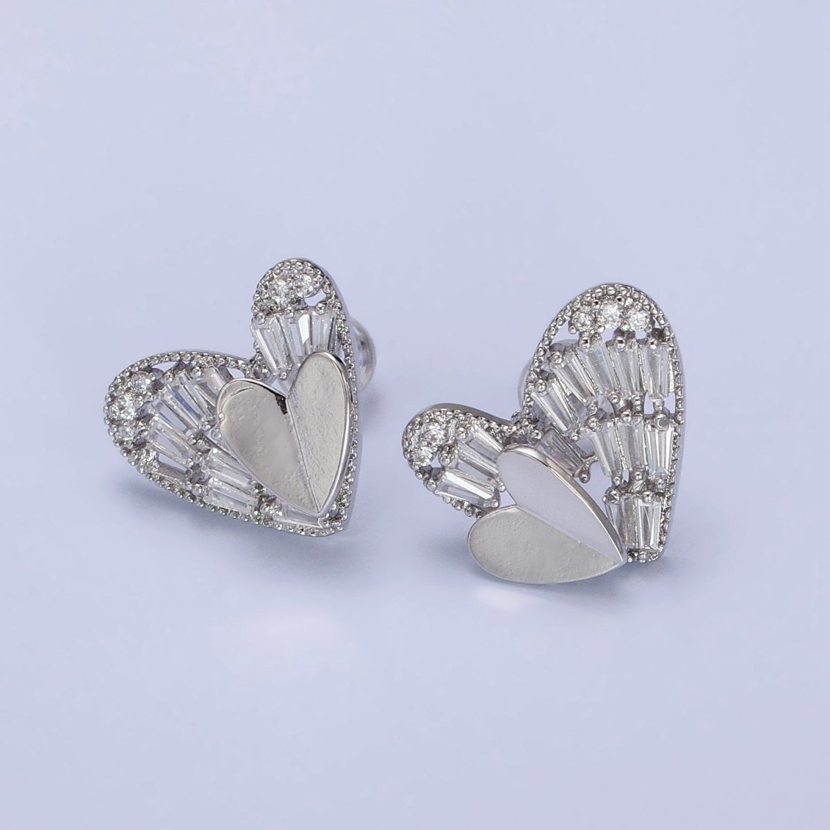 Gold, Silver Double Heart Clear Baguette CZ Stud Earrings | AB481 AB490 - DLUXCA