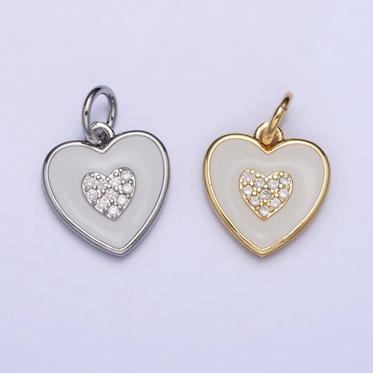 Gold, Silver Double Heart White Enamel Micro Paved CZ Charm | AC1021 AC1022 - DLUXCA