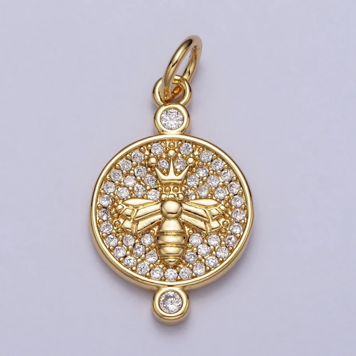 Gold, Silver Double Sided Queen Bee Insect Sunburst Lined Micro Paved CZ Round Charm | AC981 AC986 - DLUXCA