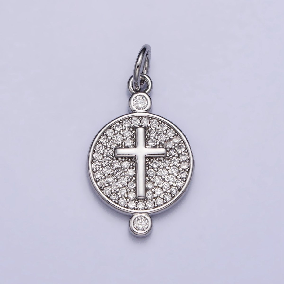 Gold, Silver Double Sided Religious Latin Cross Sunburst Lined Micro Paved CZ Round Charm | AC983 AC989 - DLUXCA