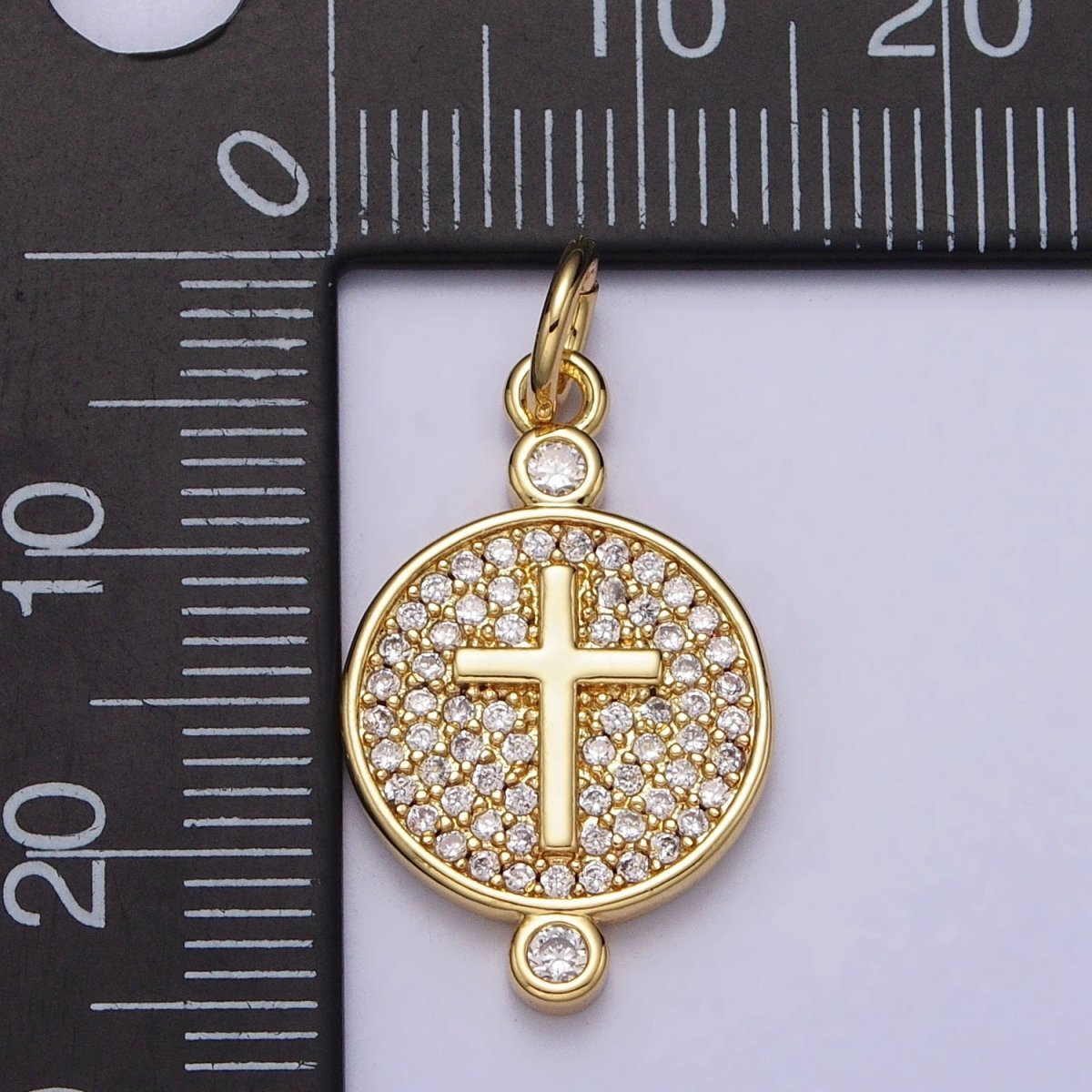 Gold, Silver Double Sided Religious Latin Cross Sunburst Lined Micro Paved CZ Round Charm | AC983 AC989 - DLUXCA