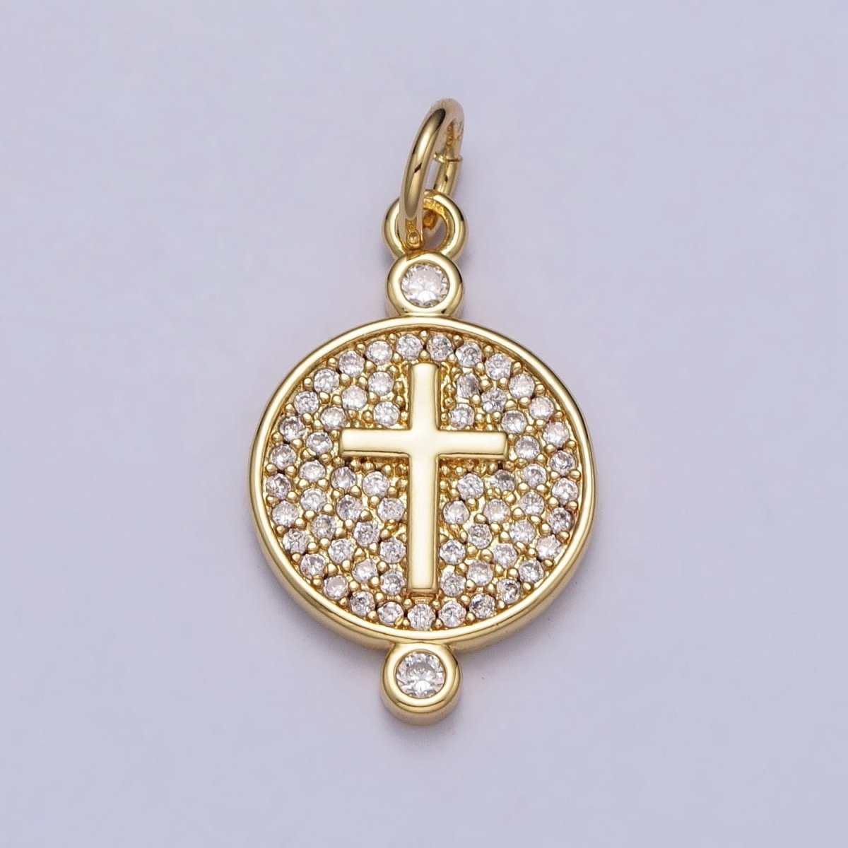 Gold, Silver Double Sided Religious Latin Cross Sunburst Lined Micro Paved CZ Round Charm | AC983 AC989 - DLUXCA