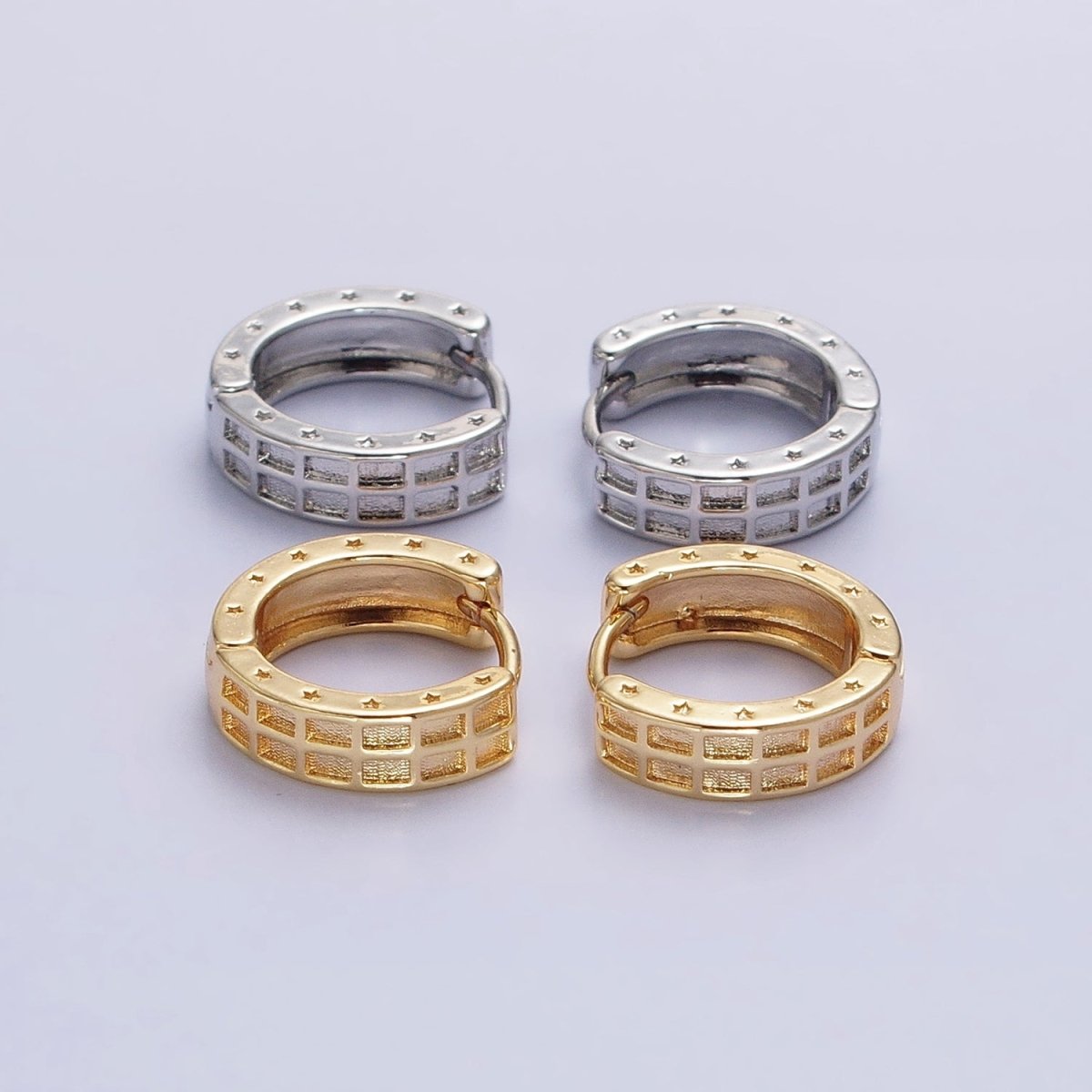 Gold, Silver Double Wide Rectangular Celestial Star Pressed 13mm Huggie Earrings | AB970 AB971 - DLUXCA