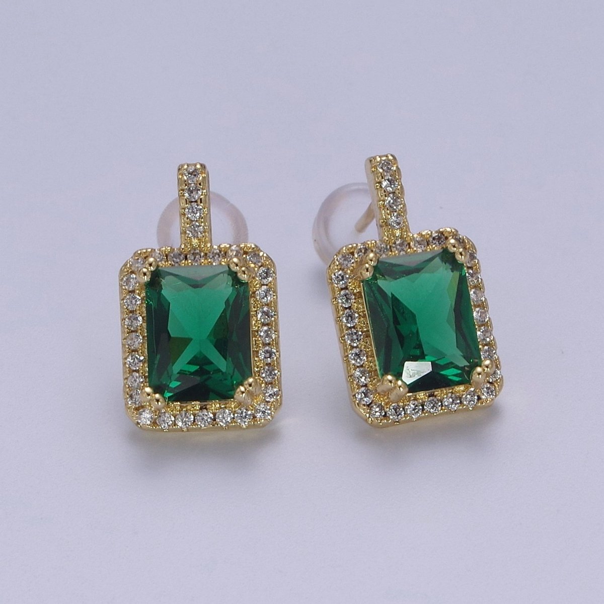 Gold / Silver Emerald Green CZ Paved Ear Posts Rectangle CZ Earring Studs For Party T-343 ~ T-354 - DLUXCA