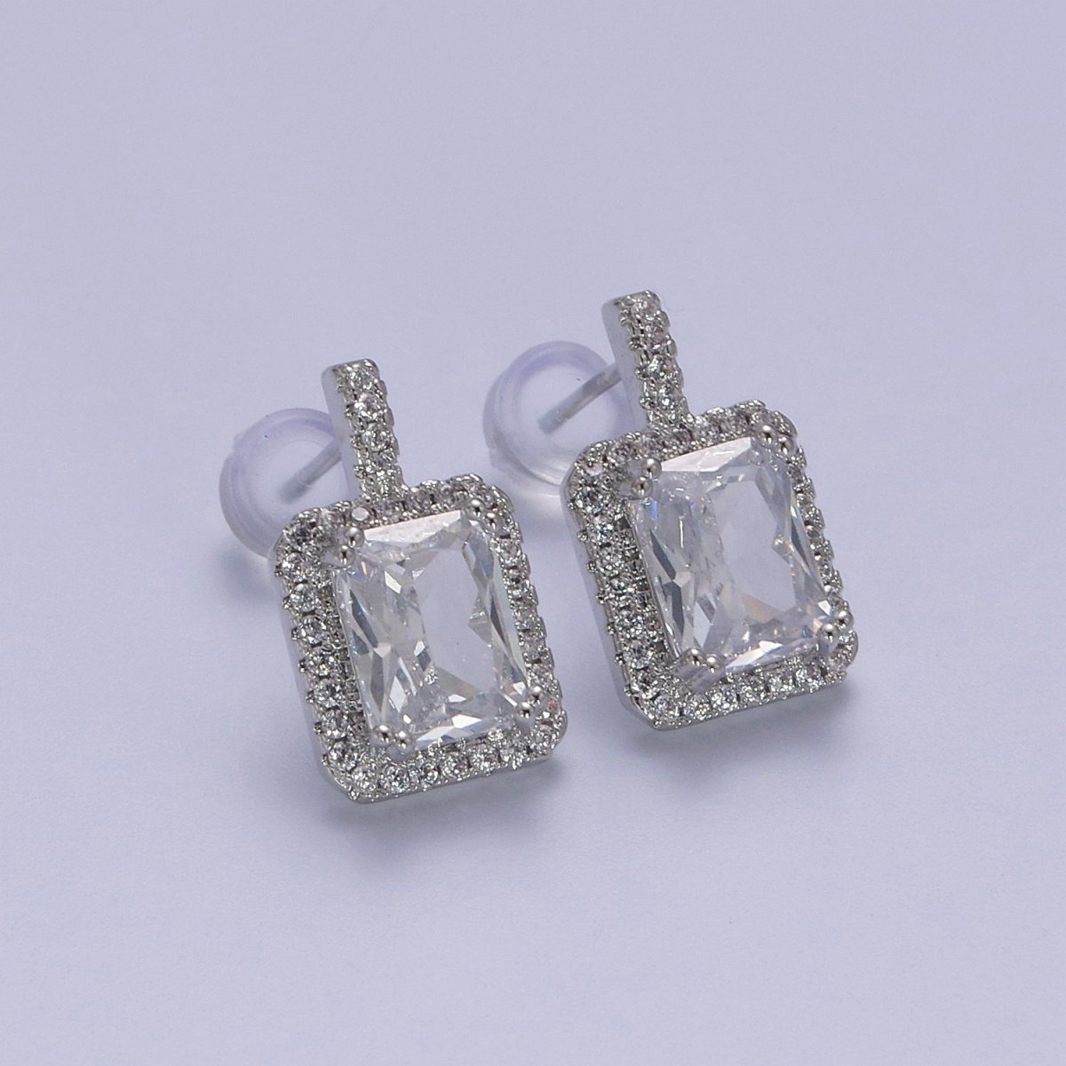 Gold / Silver Emerald Green CZ Paved Ear Posts Rectangle CZ Earring Studs For Party T-343 ~ T-354 - DLUXCA