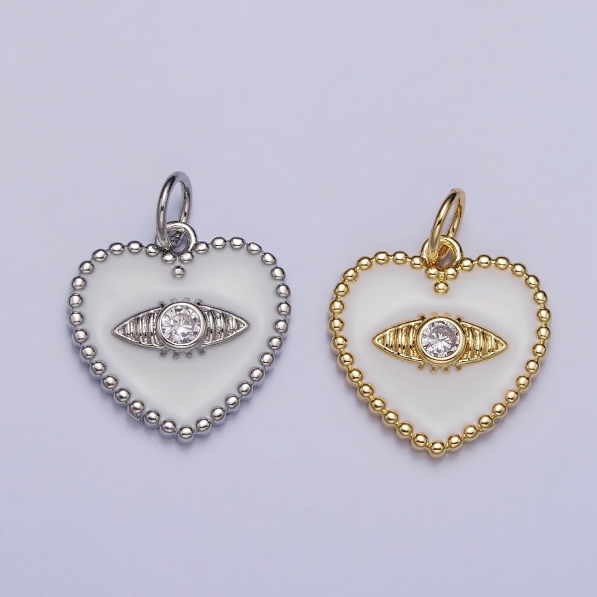 Gold, Silver Evil Eye Clear CZ White Enamel Beaded Heart Charm | AC999 AC1000 - DLUXCA