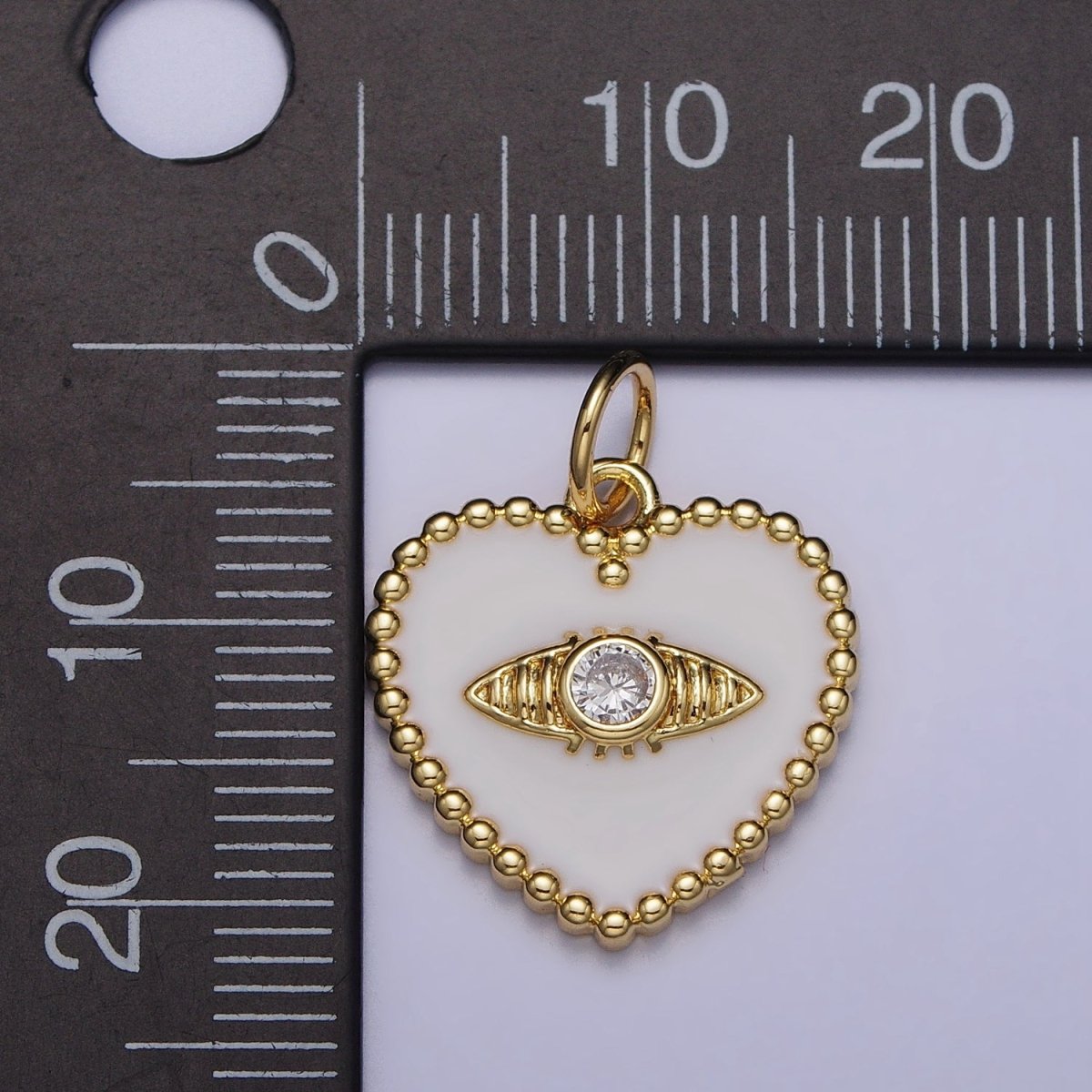 Gold, Silver Evil Eye Clear CZ White Enamel Beaded Heart Charm | AC999 AC1000 - DLUXCA