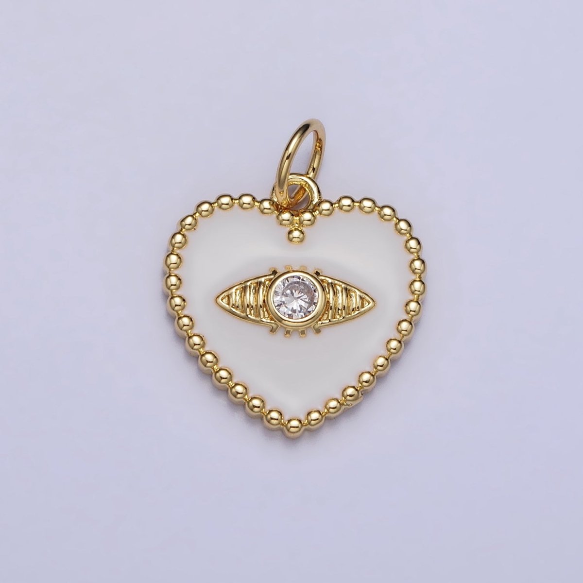 Gold, Silver Evil Eye Clear CZ White Enamel Beaded Heart Charm | AC999 AC1000 - DLUXCA