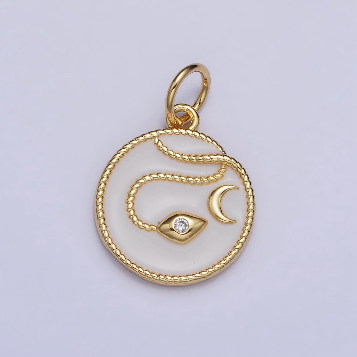 Gold, Silver Evil Eye CZ Crescent Moon Rope Coiled White Enamel Charm | AC1011 AC1012 - DLUXCA