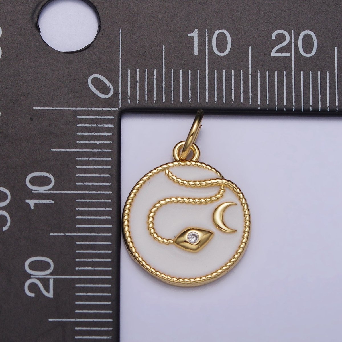 Gold, Silver Evil Eye CZ Crescent Moon Rope Coiled White Enamel Charm | AC1011 AC1012 - DLUXCA