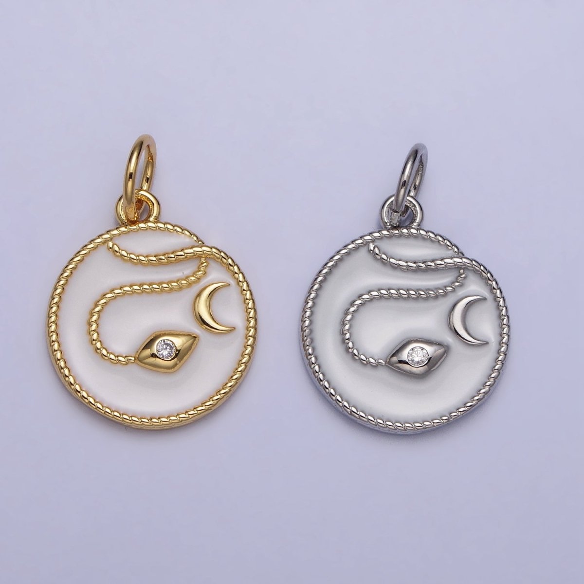 Gold, Silver Evil Eye CZ Crescent Moon Rope Coiled White Enamel Charm | AC1011 AC1012 - DLUXCA