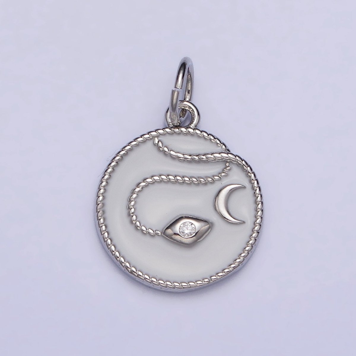 Gold, Silver Evil Eye CZ Crescent Moon Rope Coiled White Enamel Charm | AC1011 AC1012 - DLUXCA