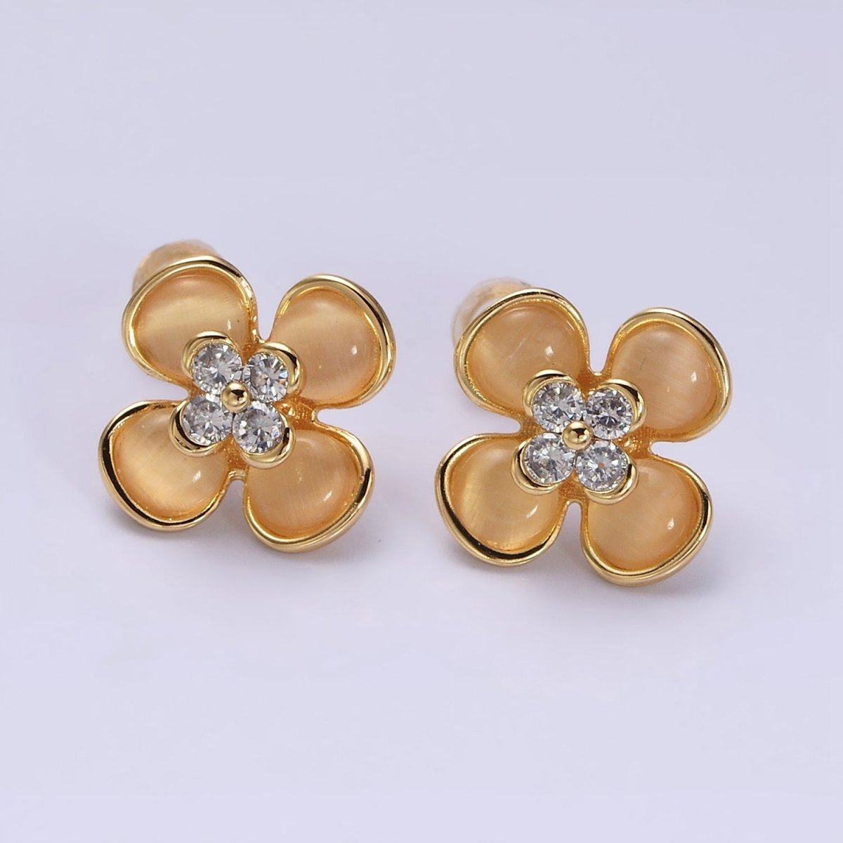 Gold, Silver Flower Cats Eye Gemstone Micro Paved CZ Stud Earrings | AD954 AD955 - DLUXCA