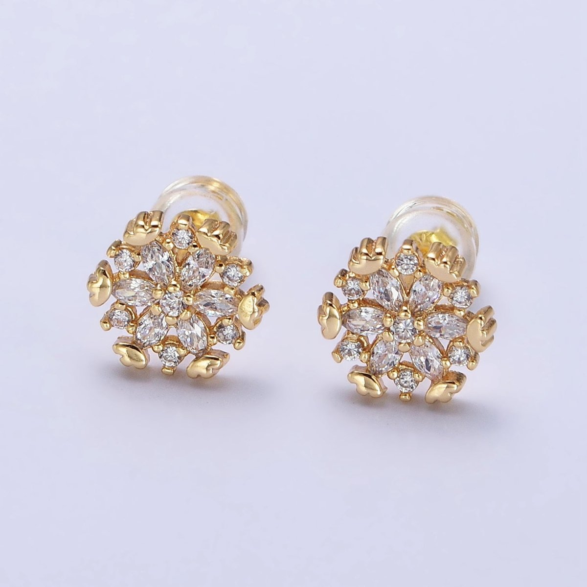 Gold, Silver Flower Snowflake Clear CZ Marquise Stud Earrings | AB372 AB373 - DLUXCA