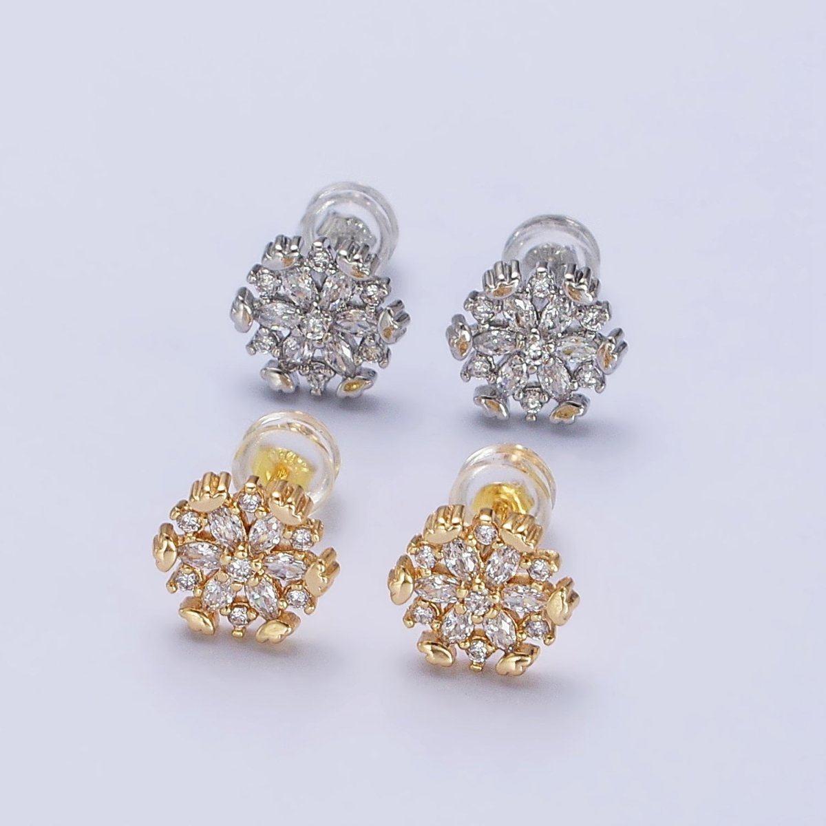 Gold, Silver Flower Snowflake Clear CZ Marquise Stud Earrings | AB372 AB373 - DLUXCA