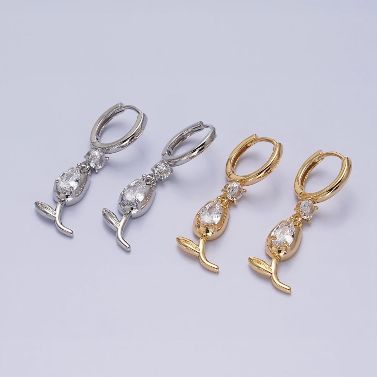 Gold, Silver Flower Tulip Clear CZ Drop Dangle Huggie Earrings | AD781 AD783 - DLUXCA