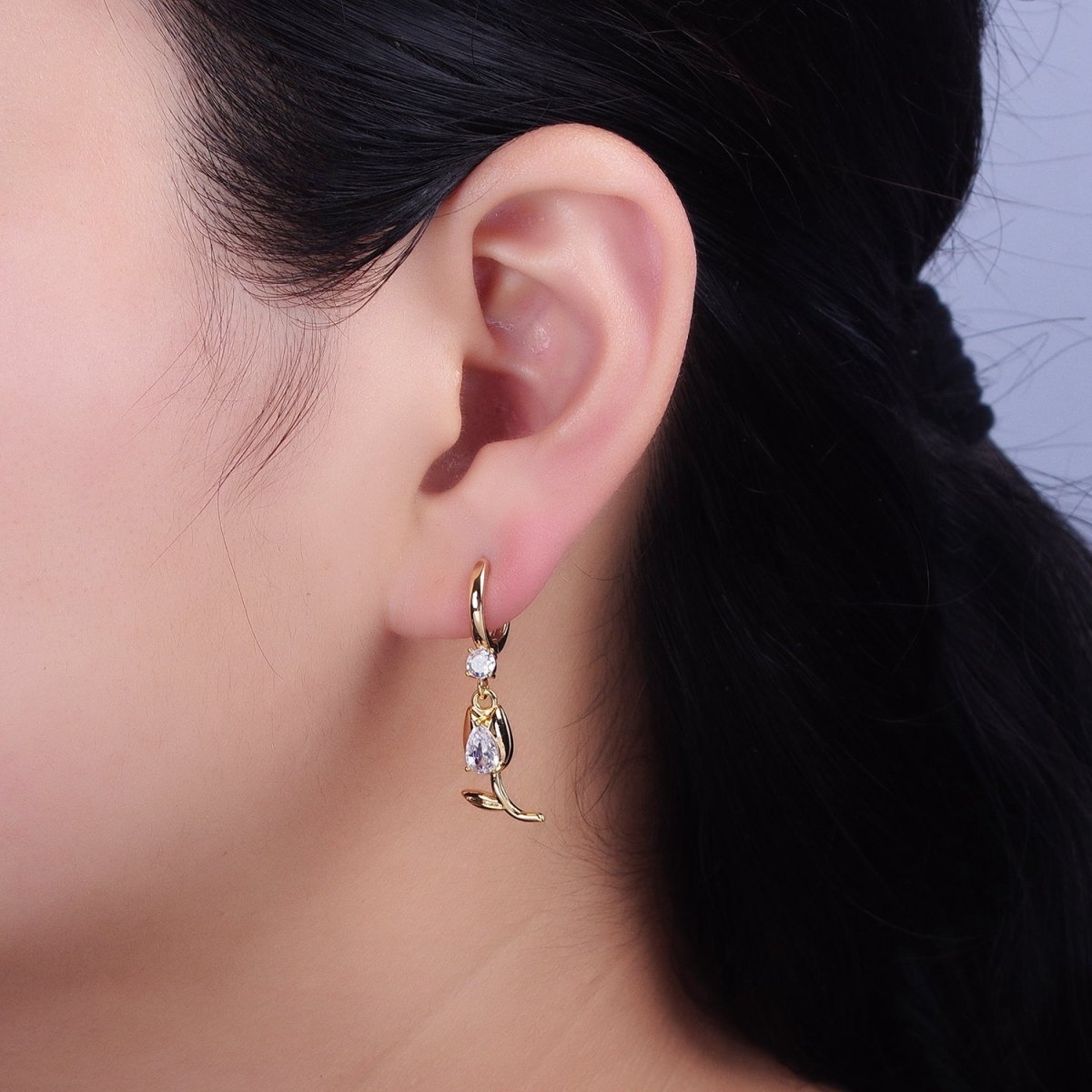 Gold, Silver Flower Tulip Clear CZ Drop Dangle Huggie Earrings | AD781 AD783 - DLUXCA