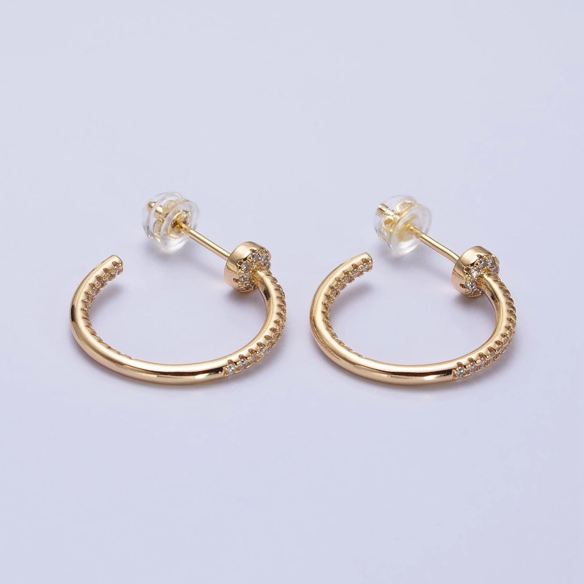 Gold, Silver Front-Sided Clear Micro Paved CZ Needle Hoop Earrings | AB370 AB371 - DLUXCA