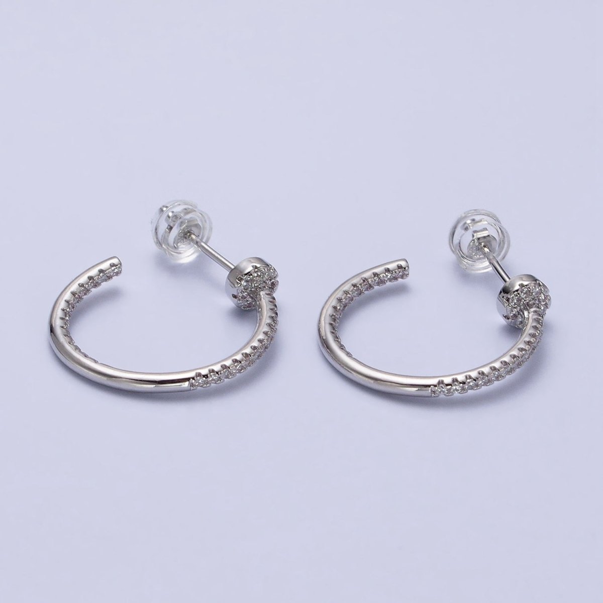 Gold, Silver Front-Sided Clear Micro Paved CZ Needle Hoop Earrings | AB370 AB371 - DLUXCA