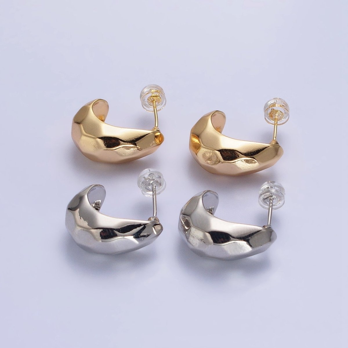 Gold, Silver Geometric Abstract Multifaceted C-Shaped Dome Hoop Earrings | AB587 AB588 - DLUXCA