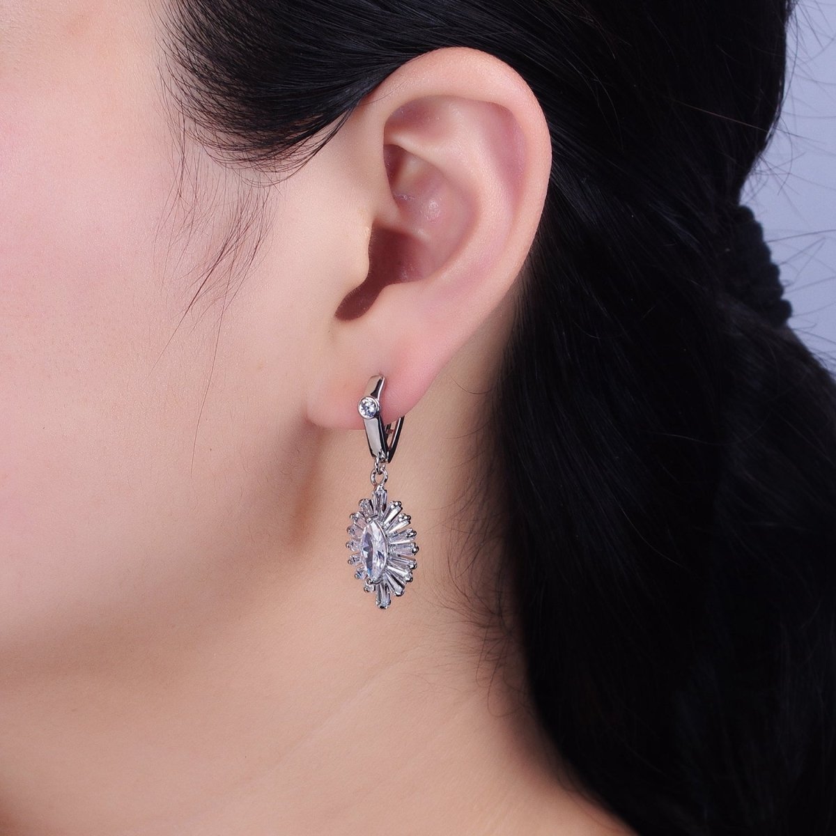 Gold, Silver Geometric Marquise Baguette Drop CZ Diamond Rhombus Huggie Earrings | AD806 AD807 - DLUXCA
